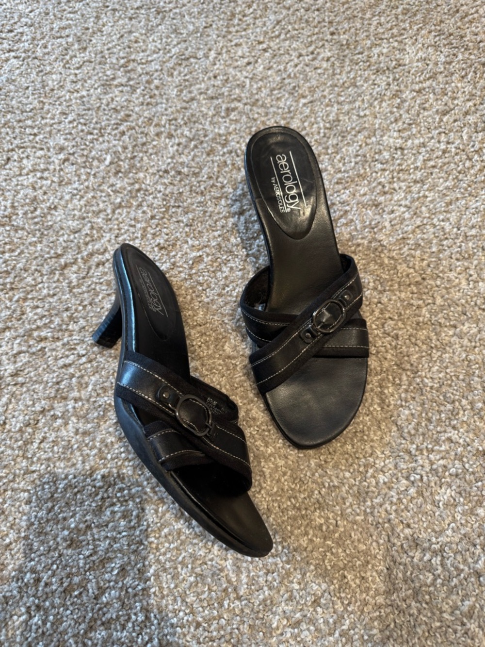 AEROSOLES Black faux Leather Buckle Mule Sandals